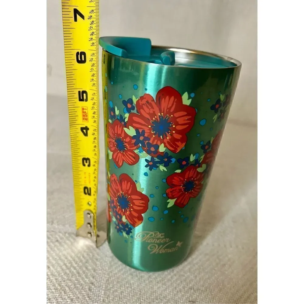 Pioneer Woman Teal W/Red Flowers Stainless Steel Travel Mug With Lid 20 Oz